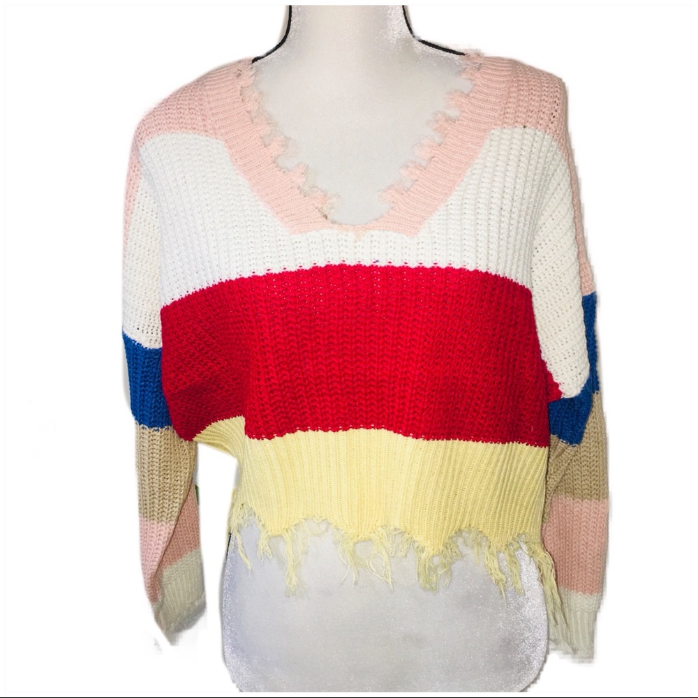 •HP•1 LEFT•Boho Rainbow Fringe Cropped Sweater • - Picture 4 of 7